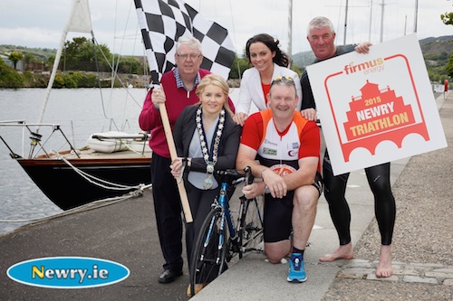 Getting ready for the firmus energy Newry City Triathlon are from left Paddy Duffy, Cllr Naomi Bailie, Chairperson, Newry, Mourne and Down District Council; Angeline Murphy, firmus energy and athletes Dessie McMahon and Noel Pepper. Photograph: Columba O’Hare 