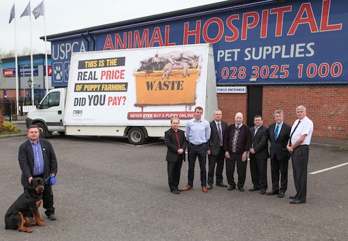 Pictured with Stephen Philpott, Chief Executive of the USPCA and Toby the dog, is Stephen Agnew, Green Party, Justin McNulty, SDLP, John McCallister, Independent, Tom French, Workers Party, Damien Harte, Workers Party, Mickey Brady, Sinn Fein and Jim Wells, DUP.