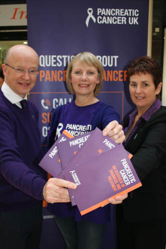 Michelle Penney, Pancreatic Cancer Community Involvement Coordinator Northern Ireland, with Centre Manager Peter Murray and Therese Clerkin, Office Manager. Michelle Penney, Pancreatic Cancer Community Involvement Coordinator Northern Ireland, with Centre Manager Peter Murray and Therese Clerkin, Office Manager.