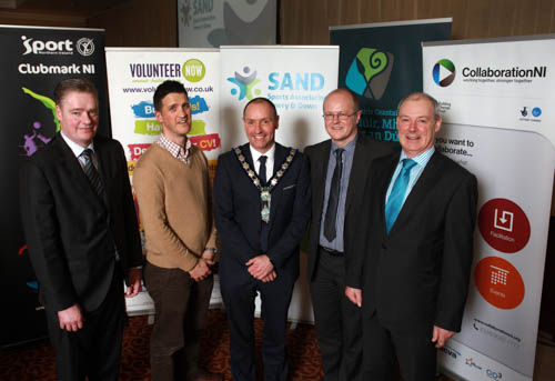 Newry, Mourne and Down District Council Chairperson, Councillor Mickey Ruane is pictured with from left: Michael Lipsett (Director of Active and Healthy Communities), Declan Steele (Sport NI), Andrew Talbot (NICVA) and Liam Hannaway (Newry, Mourne and Down District Council Chief Executive). Newry, Mourne and Down District Council Chairperson, Councillor Mickey Ruane is pictured with from left: Michael Lipsett (Director of Active and Healthy Communities), Declan Steele (Sport NI), Andrew Talbot (NICVA) and Liam Hannaway (Newry, Mourne and Down District Council Chief Executive).