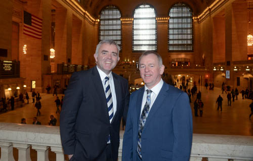 Enterprise, Trade and Investment Minister Jonathan Bell is pictured with Des Murphy, General Manager, Grease Guardian, at New York’s Grand Central Station. Photograph: James Higgins/ Press Eye
