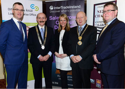 Pictured at the Business Support Expo were from left: Thomas McEvoy Local Enterprise Office Louth, President Michael Gaynor, Dundalk Chamber of Commerce, Orla Jackson, CEO, Newry Chamber, President Michael McKeown, Newry Chamber and Paddy Savage, InterTradeIreland. Pictured at the Business Support Expo were from left: Thomas McEvoy Local Enterprise Office Louth, President Michael Gaynor, Dundalk Chamber of Commerce, Orla Jackson, CEO, Newry Chamber, President Michael McKeown, Newry Chamber and Paddy Savage, InterTradeIreland.