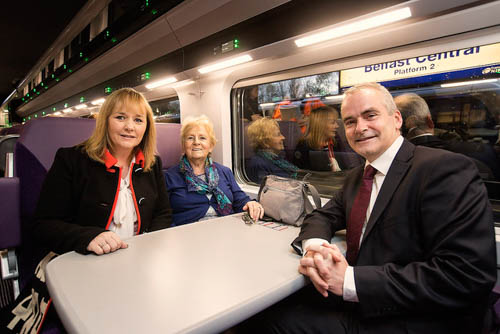 Regional Development Minister Michelle McIlveen and Chris Conway, Group Chief Executive for Translink are pictured chatting with customer Edna Murray from Belfast as the newly refurbished train left Belfast Central Station Regional Development Minister Michelle McIlveen and Chris Conway, Group Chief Executive for Translink are pictured chatting with customer Edna Murray from Belfast as the newly refurbished train left Belfast Central Station