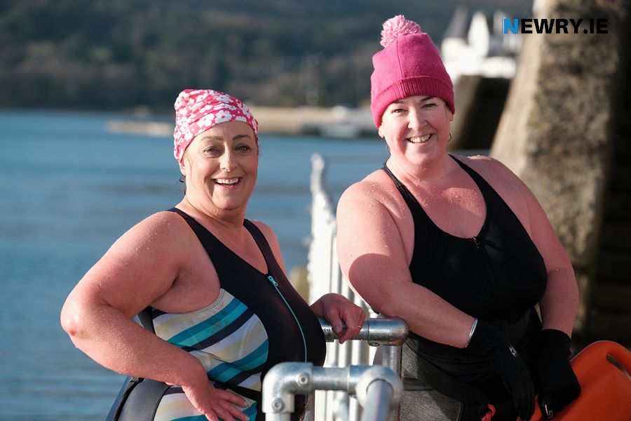 Gillian Fitzpatrick and Caroline Anderson complete their 31st swim in January 2022. Photograph: Columba O'Hare/ Newry.ie