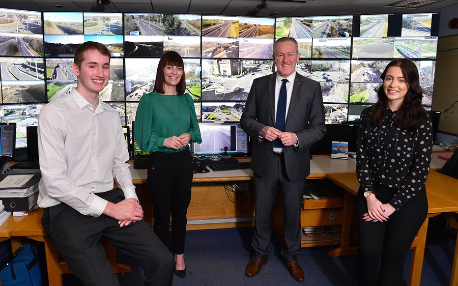Infrastructure Minister Nichola Mallon and Finance Minister Conor Murphy with placement students Ryan Gilbert and Rebecca Wallace launch this year's Civil Service student placement scheme at Traffic Control and Information Centre.