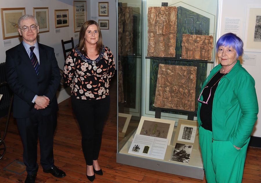 Dr Ken Abraham, Assistant Curator Newry & Mourne Museum and Newry, Mourne and Down Districrt Council Deputy Chairperson, Councillor Oonagh Magennis welcomed Kristina McElroy to the Museum. Kristina donated three original plaster models, preparatory drawings and photographs used in the making of the sculpture 'Proud People' designed by her father Paddy McElroy in 1994 for the 850th Anniversary of the founding of Newry.