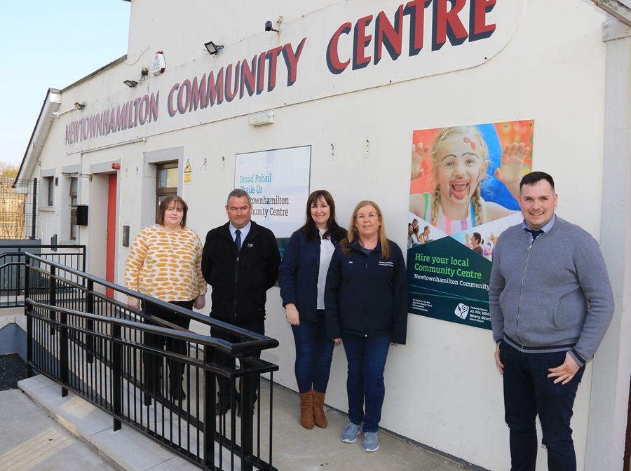 Launching Newtownhamilton Peace IV Reimaging Project l-r Claire Loughran, NMDDC Safer Communities and Good Relations Officer; Councillor Terry Anderson, Newry, Mourne and Down Chairperson Peace IV Partnership, Ann Grant Rural Development Officer, Co. Down Rural Community Network; Ita Gibney, Chairperson Newtownhamilton Community Association and Niall Murray secretary.