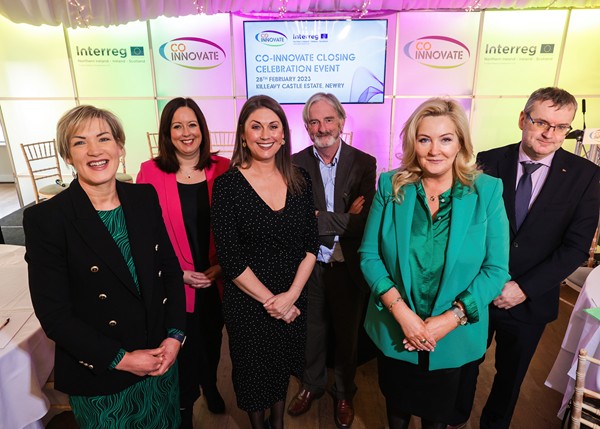 Key speakers at the event. Included from left: Margaret Hearty, Chief Executive at InterTradeIreland; Alison Currie, Director of Innovation and Entrepreneurship at InterTradeIreland; Sarah Travers, Former BBC Journalist and Presenter; Brody Sweeney, Founder of Camille Thai and O’Brien’s Sandwich Bars; Gina McIntyre, Chief Executive SEUPB and Shane Murphy, NI Deputy Permanent Secretary for Department of Economy.