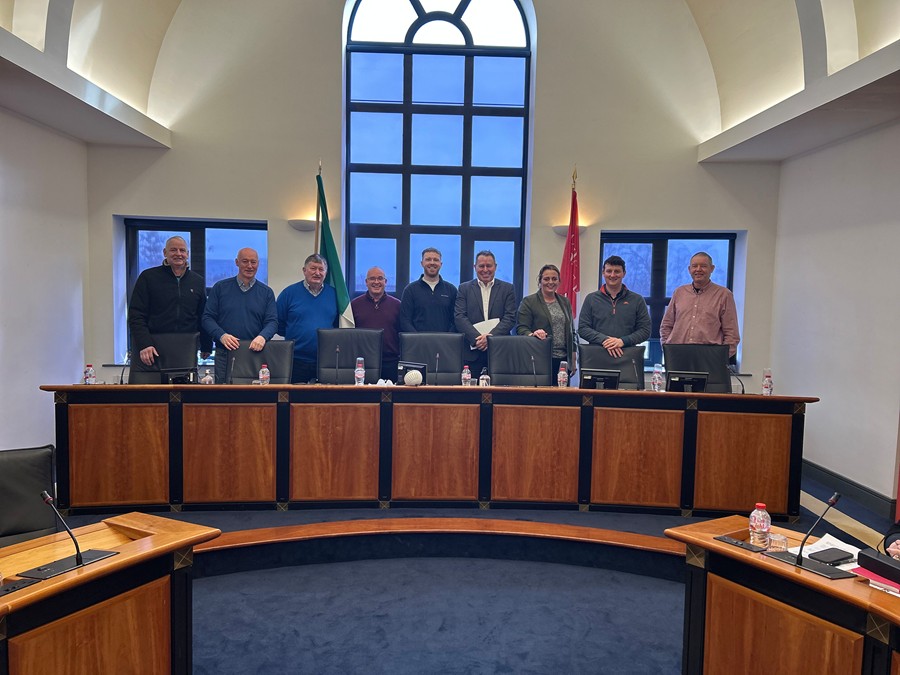 Members of the Newry, Mourne and Down District Council and Louth County Council Strategic Alliance (from left) Councillors Tom Cunningham, Declan Murphy, Pearse McGeough, Declan McAteer, Cathal King, Declan Power, Edel Corrigan, Antóin Watters and Mickey Larkin at a Strategic Alliance meeting in Dundalk.
