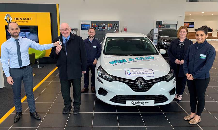 Presenting Anthony with his new car. Included from left: Ronan Marshall, Group Marketing Manager Shelbourne Motors; Anthony Hillen, Competition Winner; James McCaffrey and Sarah O’Hare, Southern Area Hospice and Pauline O’Hanlon, AbbeyAutoline.