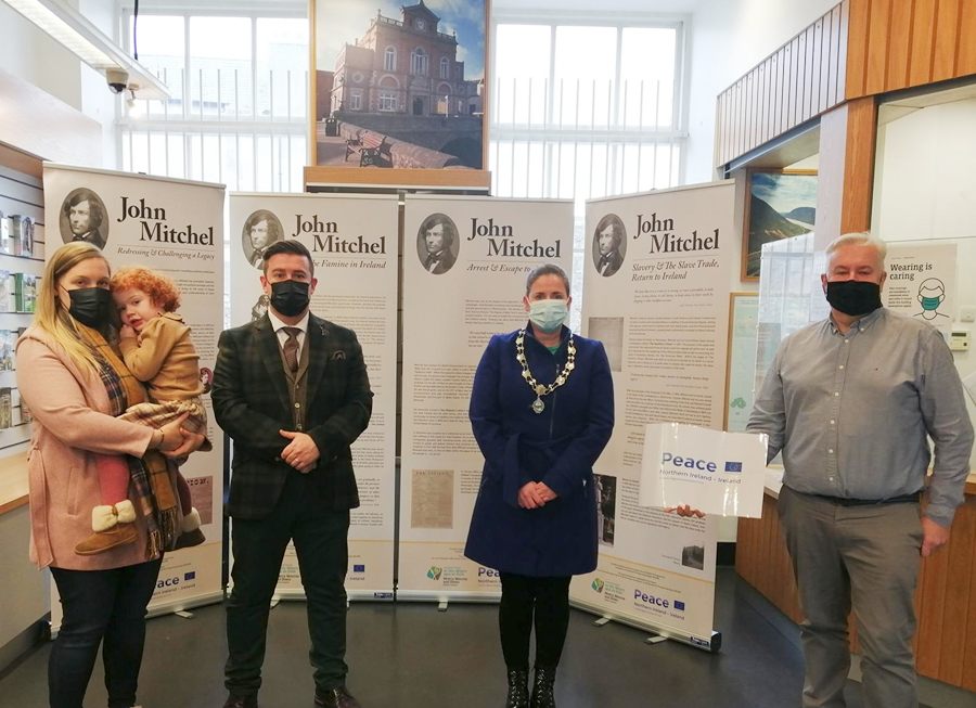 Newry, Mourne and Down District Council Deputy Chairperson, Councillor Oonagh Magennis, pictured second from right at the launch of the new travelling exhibition - John Mitchel: Challenging & Redressing A Legacy. Also present is Ross McShane, third from right, from Footsteps NI who researched and developed the exhibition and Colin Moffett, first from right, Head of Corporate Policy at Newry, Mourne and Down District Council.