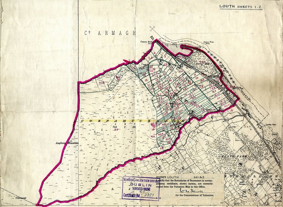Map prepared after the passing of the 1923 Irish Land Act as part of the vesting of tenancies in the townland of Cornamucklagh in north County Louth. Cornamucklagh was part of the Hall estate. The map is an extract from an Ordnance Survey map annotated to show the individual tenancies. Newry and Mourne Museum Collection