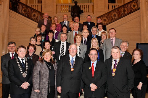 Pictured at the Stormont Reception to mark 60 Years of Newry Drama Festival are festival members and guests. Included front from left are: Sean Corcoran, Chairman, Amateur Drama Council of Ireland; Karen McKevitt, MLA; Gerry McNulty, Chairman, Newry Drama Festival; Dominic Bradley, MLA and Cathal Austin, Manager, The Quays, Main Sponsor of the Festival. Picture: Columba O'Hare Pictured at the Stormont Reception to mark 60 Years of Newry Drama Festival are festival members and guests. Included front from left are: Sean Corcoran, Chairman, Amateur Drama Council of Ireland; Karen McKevitt, MLA; Gerry McNulty, Chairman, Newry Drama Festival; Dominic Bradley, MLA and Cathal Austin, Manager, The Quays, Main Sponsor of the Festival. Picture: Columba O'Hare