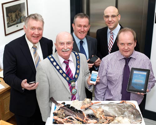 Launching the Visit Carlingford Lough App were from left: Bill Tosh, Carlingford Ferries; Cllr Charlie Casey, Mayor, Newry and Mourne District Council; Conor Murphy, MP MLA; Paul O'Sullivan, Carlingford Ferries and Derek Murphy, iGuide.