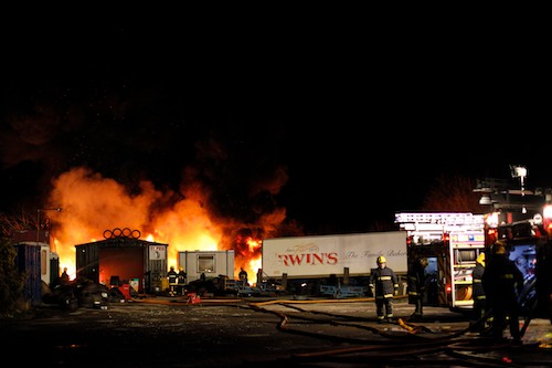Fire crew tend to a large fire at Newry Road, Mayobridge on Sunday night. Picture: Columba O'Hare Fire crew tend to a large fire at Newry Road, Mayobridge on Sunday night. Picture: Columba O'Hare