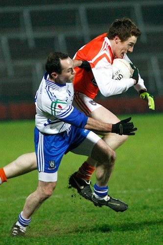 Armagh's Charlie Vernon breaks away from Monaghan's Stephen Gollogly at the Athletic Grounds. Picture: Columba O'Hare