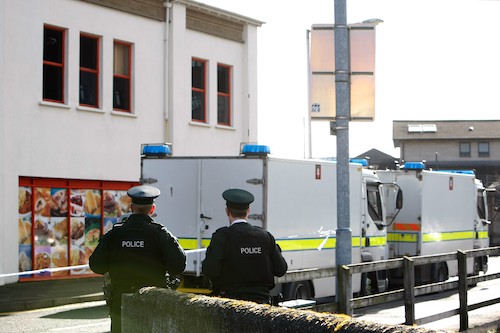 Bomb disposal vans beside the Iceland Store in Monaghan Street in Newry during a security alert. Picture: Columba O'Hare