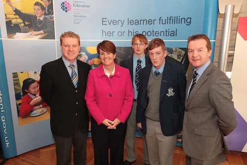 Dean Connolly (2nd from right) and Michael Fitzpatrick (3rd from right)  Mr David McGreevy (left) their Physics teacher. 