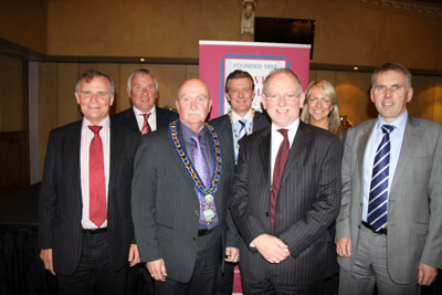Newry Chamber meets the Permanent Secretaries; (L-R) Mr Leo O’Reilly, DoE, Dr Malcolm McKibbin, DRD, Mayor Charlie Casey, Dr Conor Patterson, Sir Bruce Robinson, Ms Orla Jackson, Mr David Sterling, DETI