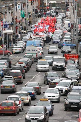 The Public Service Workers march down Monaghan Street in Newry during Wednesdays public sector Strike. Picture: Columba O'Hare