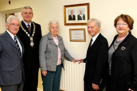 Pictured left to right are; Mr George Duffy (Chairperson of SAHS), Mayor Coleman Burns (Newry & Mourne), Mrs Joy Donaldson, Dr Gerald Donaldson, and Mrs Breidge Gadd (NI Chairperson of the National Lottery). 