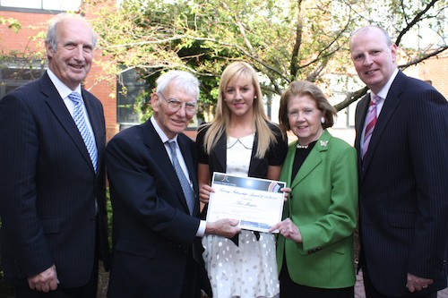 Rooney Fellow for 2010 Lisa Meegan is pictured receiving her Certificate from Ambassador and Mrs Patricia Rooney.  Also pictured is Brian Doran, Chief Executive, Southern Regional College and Arnold Hatch, Governing Body Chairman. 