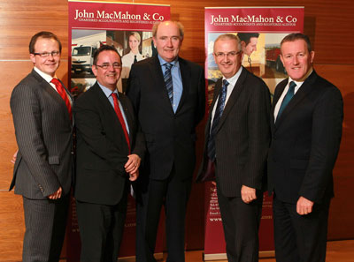 John McGinn, partner, Dominic Bradley, MLA, John MacMahon founding partner, Minister for Regional Development Danny Kennedy MLA, and Conor Murphy MP MLA pictured at the launch of John MacMahon & Co launch of their Belfast office in Adelaide Street.