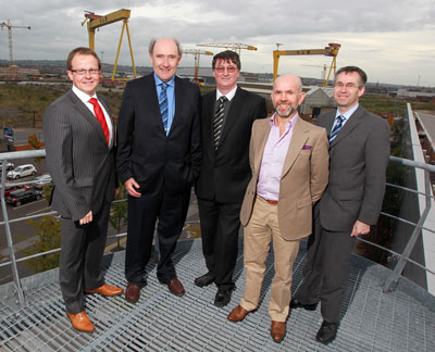 John MacMahon & Co Chartered Accountants partner John McGinn, founding partner John MacMahon with guests at the launch of their third office in Adelaide Street, Belfast. Also pictured are guest speakers Stephen Bullock, Silcotec Europe and John Boyle, Boyle Sports with Mervyn Watley, Director of Corporate Real Estate at the Innovation Centre, Northern Ireland Science Park, Belfast.