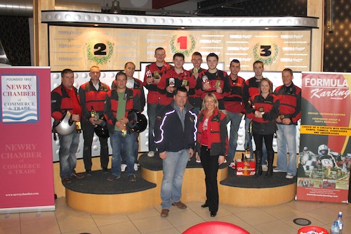Winners of the Newry Business Grand Prix, pictured with Orla Jackson, Newry Chamber & Jim Feenan, Formula Karting, 1st Place: The Omniplex, 2nd: The Cove Bar, 3rd: PSNI
