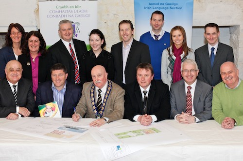 Cllr Charlie Casey, Mayor, Newry and Mourne District Council with representatives from the main funders of Gaeláras Mhic Ardghail: Ciste In Fheistíochta Gaeilge; Newry and Mourne District Council plus Contractor Kelly McEvoy Brown; Architects Milligan Larkin and Reside and Trustees of the project. Picture: Columba O'Hare