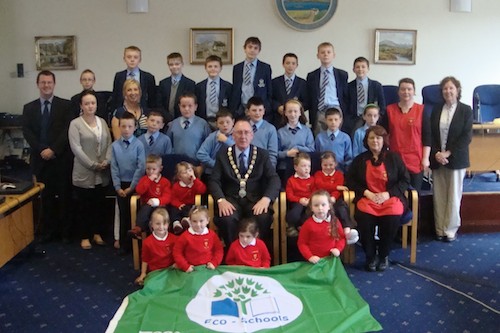 Pictured with Coucillor Feehan are members of each schools’ eco committees along with teachers and staff.
