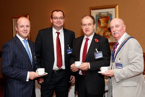 Visitors to the Hughes Insurance Business Breakfast in Newry were from left: Gareth Brady, Chief Executive, Hughes Insurance: Cormac Harty, Commercial Business Development Executive, Hughes Insurance; David Hawthorne, Managing Director, Hawthorne Timber, Newtownhamilton and Cllr Charlie Casey, Mayor, Newry and Mourne District Council. Photo: Columba O'Hare