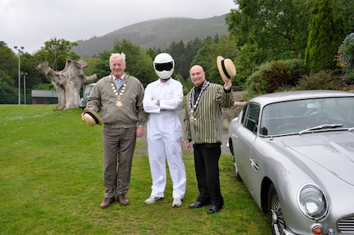 President of Newry Lions Club, Phelim Convery ; The Stig and Mayor Charlie Casey at the launch.