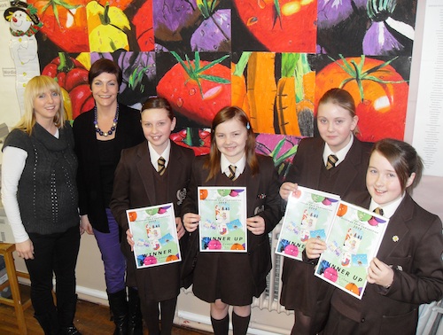 Included in photograph are Mrs Julie Houston, Teacher, Mrs Sinead Young, Head of Art and Design, and winning pupils Hannah Kennedy, Aine Mc Grath, Sophie Hempkin and Annabel Stewart.