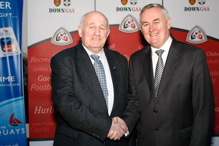 Paddy Docherty member of the Victorious Down 1960/61 Team meets Christy Cooney, GAA President at the launch.