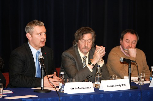 John McCallister, MLA; Mickey Brady, MLA and Cllr Pat McGinn on the Panel.