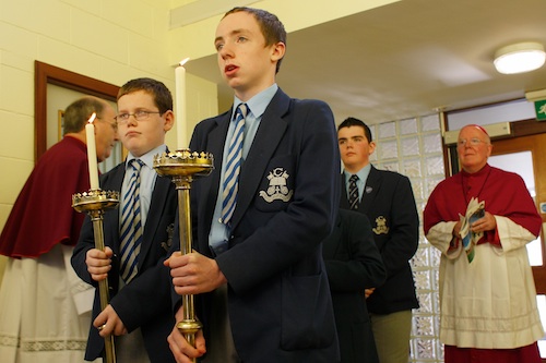 Dr John McAreavey, Bishop of Dromore and Saint Colemans College Pupils make their entrance at the official dedication, blessing and opening of the new St Coleman's buildings and grounds.
