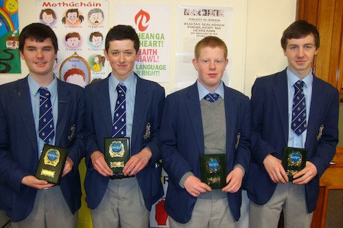 St Colman's Pupils Patrick Kirk, Mark Mc Loughlin, Ryan Larkin and Chris McGuinness with their awards..