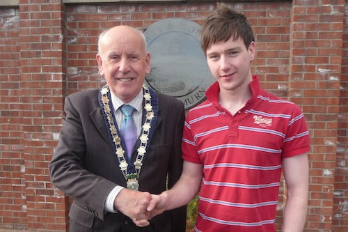 Mayor Mick Murphy gives his best wishes to Laurence McGivern