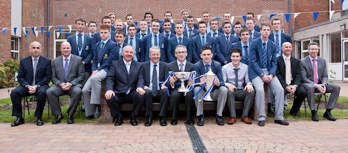 The Victorious McCrory and Hogan Teams and Coaches. Included are Noel Moore and Declan Rodgers in the centre with Barry Kelly and Cathal Murray to the left and Declan Mussen and Eamonn McEvoy to the right. 
