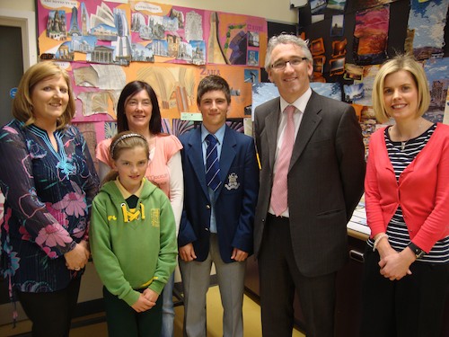 Ryan Downey with mother and sister and Mr Cormac McKinney, Principal and Mrs Eva Freeburn, Left, Acting head of art and Miss Anne Middleton, his Art teacher.
