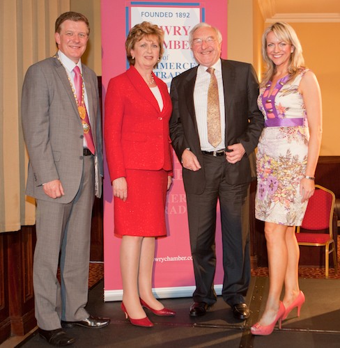 Newry Chamber Hosts Annual Business Lunch with President of Ireland Mary McAleese.  Pictured: Dr Conor Patterson, President of Newry Chamber of Commerce & Trade, President of Ireland Mary McAleese, Dr Martin Naughton, Executive Chairperson, Glen Dimplex and Ms Orla Jackson, Chief Executive, Newry Chamber.