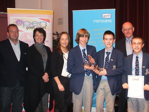 St Coleman's Students JJ McAnerney, Brendan Digney and Gavin Fleming with judges Nuala Quinn, Southern Health and Social Care Trust and Colin Loughran Action Mental Health, Sinead Savage, Teacher and Michael Kelly, SELB