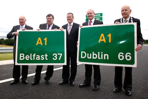 Junior Minister, Robin Newton, Taoiseach Brian Cowan; Conor Murphy, Minister for Regional Development; Martin McGuinness, Deputy First Minister and Cllr Mick Murphy, Mayor of Newry and Mourne District Council at the completion of the A1