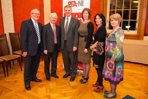 Pictured at the PTA-NI Launch were, from left, David Butler OBE CEO PTA-UK, Jim Clarke CEO CCMS, Hugh Mallon Principal St Joseph’s Boys’ HS Newry, Sandra Overend MLA UUP, Jayne Thompson PTA-NI Adviser, Priscilla Magee Action for Children
