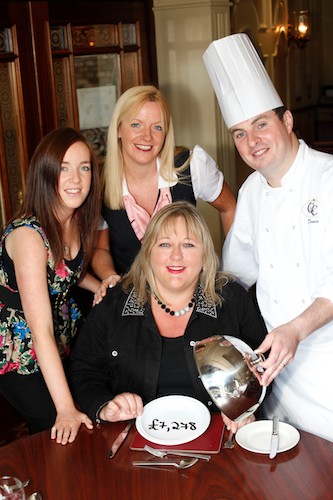 Showing the proceeds of this years Southern Area Hospice Ladies Luncheon which took place at the Canal Court Hotel in Newry were Canal Court, General Manager, Deborah Ferguson; Chef, Devin McShane and Fiona Stephens and Denise O'Neill, Fundraising, Southern Area Hospice. The sum of £7,278 was raised at the event. Photo: Columba O'Hare Showing the proceeds of this years Southern Area Hospice Ladies Luncheon which took place at the Canal Court Hotel in Newry were Canal Court, General Manager, Deborah Ferguson; Chef, Devin McShane and Fiona Stephens and Denise O'Neill, Fundraising, Southern Area Hospice. The sum of £7,278 was raised at the event. Photo: Columba O'Hare