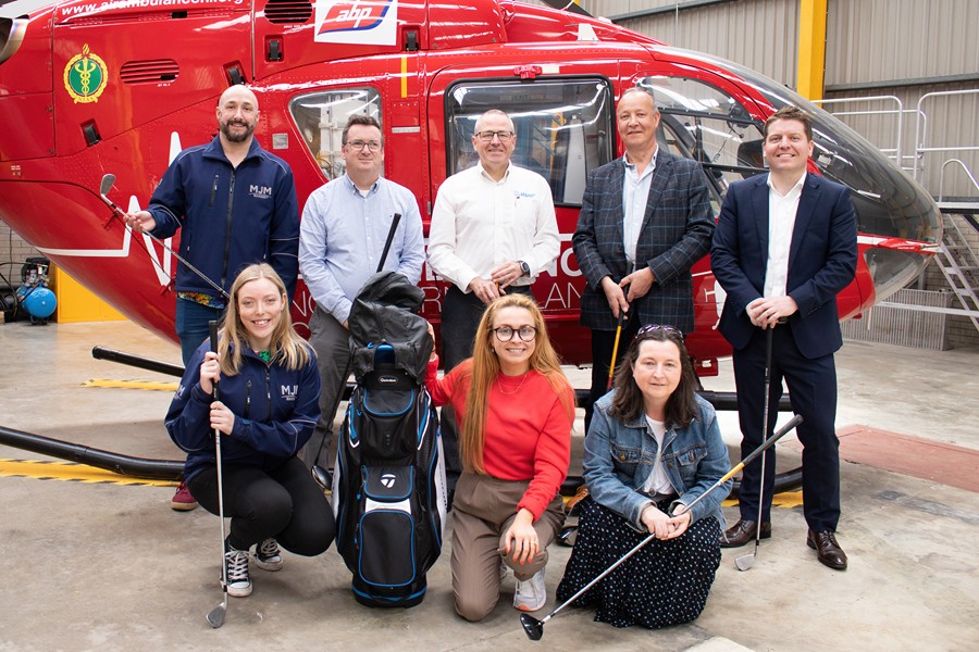 Pictured preparing for the MJM Marine Golf Classic are front from left: Amber Wilson (Marketing Assistant, MJM Marine), Amy Henshaw (Air Ambulance NI), Caroline Patton (Patton Interiors Limited). Back: Alastair Chambers (Marketing Executive, MJM Marine), Marc Patton (Patton Interiors Limited), Steve Martin (Mapei), James Pringle (A&L Goodbody), Chris Rodgers (Finance Director, MJM Marine).