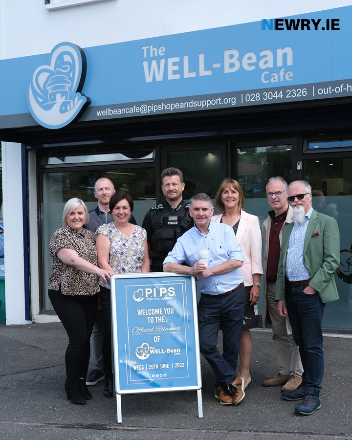 Pictured at the relaunch of the WELL-Bean Café were from left: Ciara Lavery, Head of Services of Unscheduled Care Adult Mental Health; Ben McCullagh, Home Treatment Co-ordinator, Adult Mental Health; Tracey McConnell, Mental Health Manager, Newry and District GP Federation; Sgt Warren Roberts, PSNI; and Seamus McCabe, CEO, PIPS Hope and Support; Patricia Trainor, Chairperson, PIPS Hope and Support; Niall McEvoy, Assistant Director, PBNI and Brendan Campbell, Probation Officer. Photograph: Columba O'Hare/ Newry.ie 