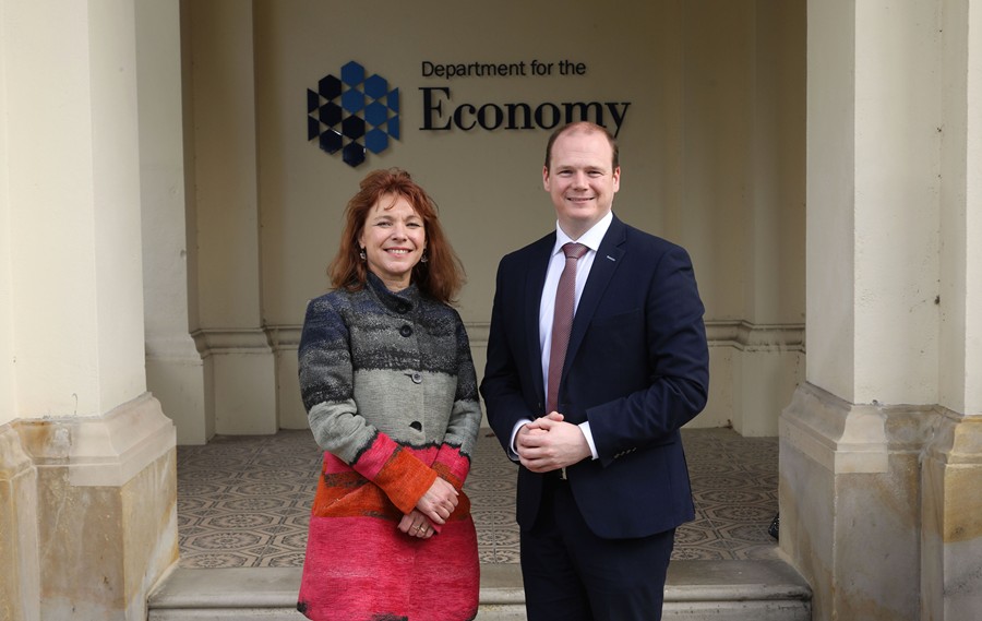 Economy Minister Gordon Lyons pictured with Vicky Newman, Communications Manager for Pulsar - NI Women in STEM