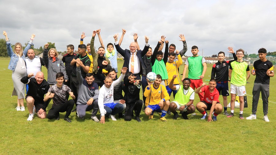 Players and event organisers are pictured with Newry, Mourne and Down District Council Chairperson, Councillor Michael Savage who came along to meet everyone. The ‘Jumpers for Goalposts’ event was a huge success and enjoyed by all who took part.